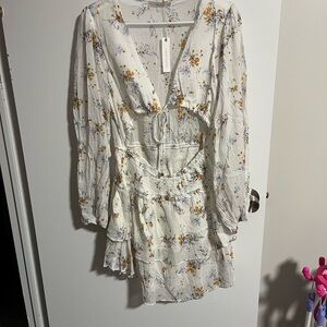 Olivaceous Ivory Floral Mini Dress with Mustard & Blue Print